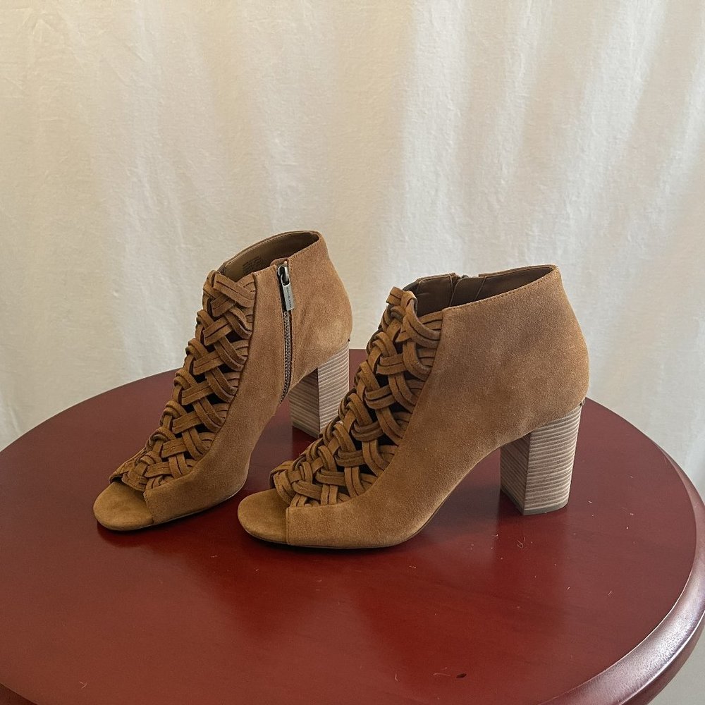 MICHAEL Michael Kors Suede Open Toe Side Zip Bootie Color: Cognac 9.5M